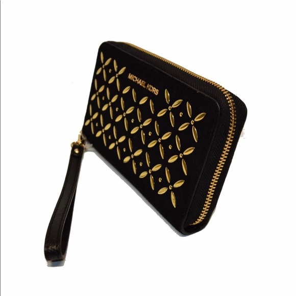 Michael Kors Black Leather Gold Studded Wristlet